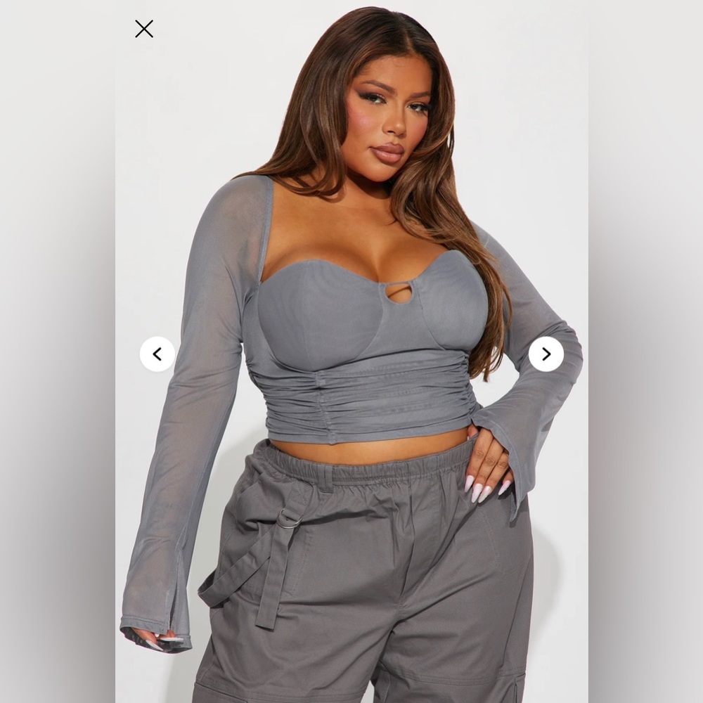 Fashion Nova Grey Ruched Bustier Crop Top with Sheer Sleeves